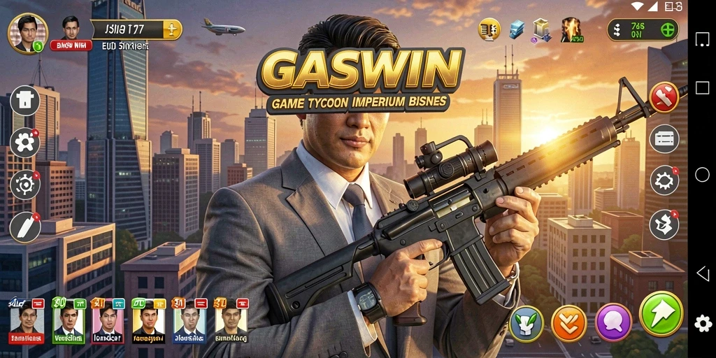 Tampilan gameplay yang menarik dalam GASWIN, mengusung tema Tycoon.