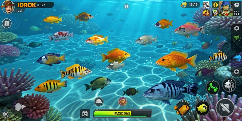 Tampilan gameplay seru dan menantang dari IDROK dengan berbagai ikan berwarna-warni.