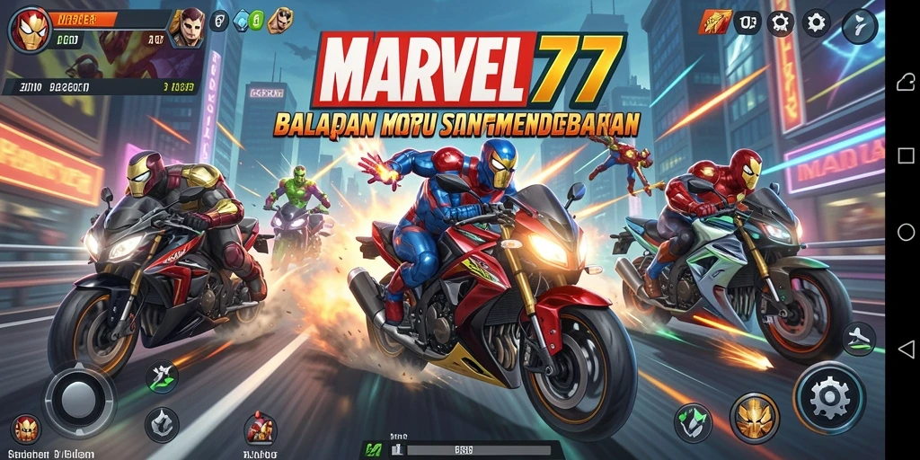 Tampilan gameplay seru di MARVEL77 dengan balapan motor yang mendebarkan.