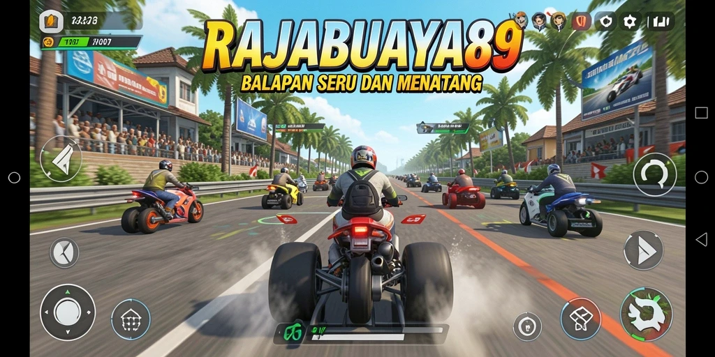Tangkapan layar gameplay <strong>RAJABUAYA89</strong> menunjukkan balapan menegangkan di lintasan.