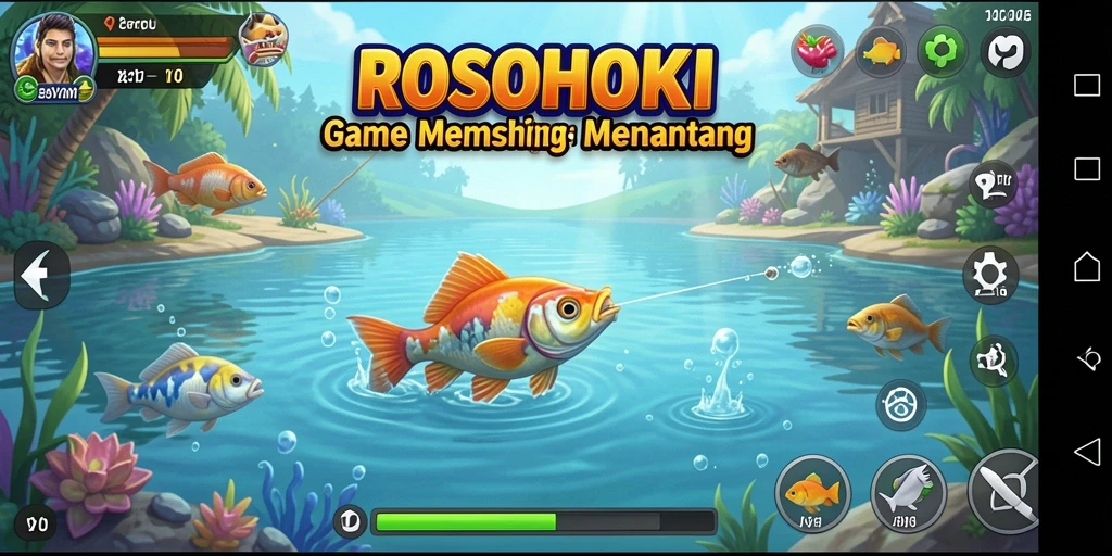 Tampilan gameplay seru di ROSOHOKI dengan aksi memancing yang menantang.
