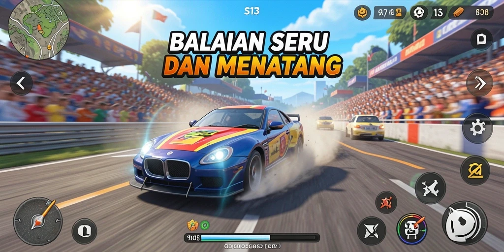 Screenshot S13 menampilkan aksi balapan yang intens dan cepat.
